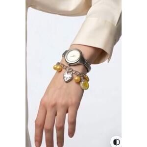Geneva Platinum Watch + Charm Bracelet Set Gold Beads Heart Dangle NEW Battery